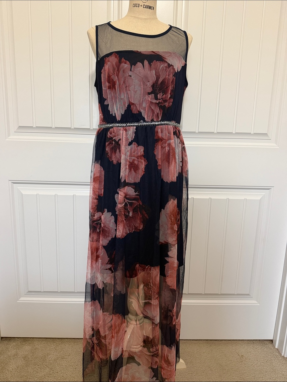 Candalate Navy Maxi Dress with Pink Rose Print and Beaded Waist